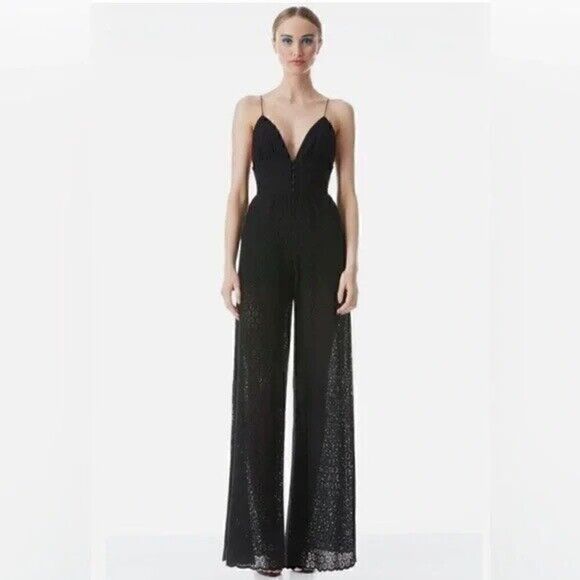 Alice + Olivia Long Maxi Jumpsuit Womens Size 12 Black Embroidered Eyelet Back - Picture 10 of 10